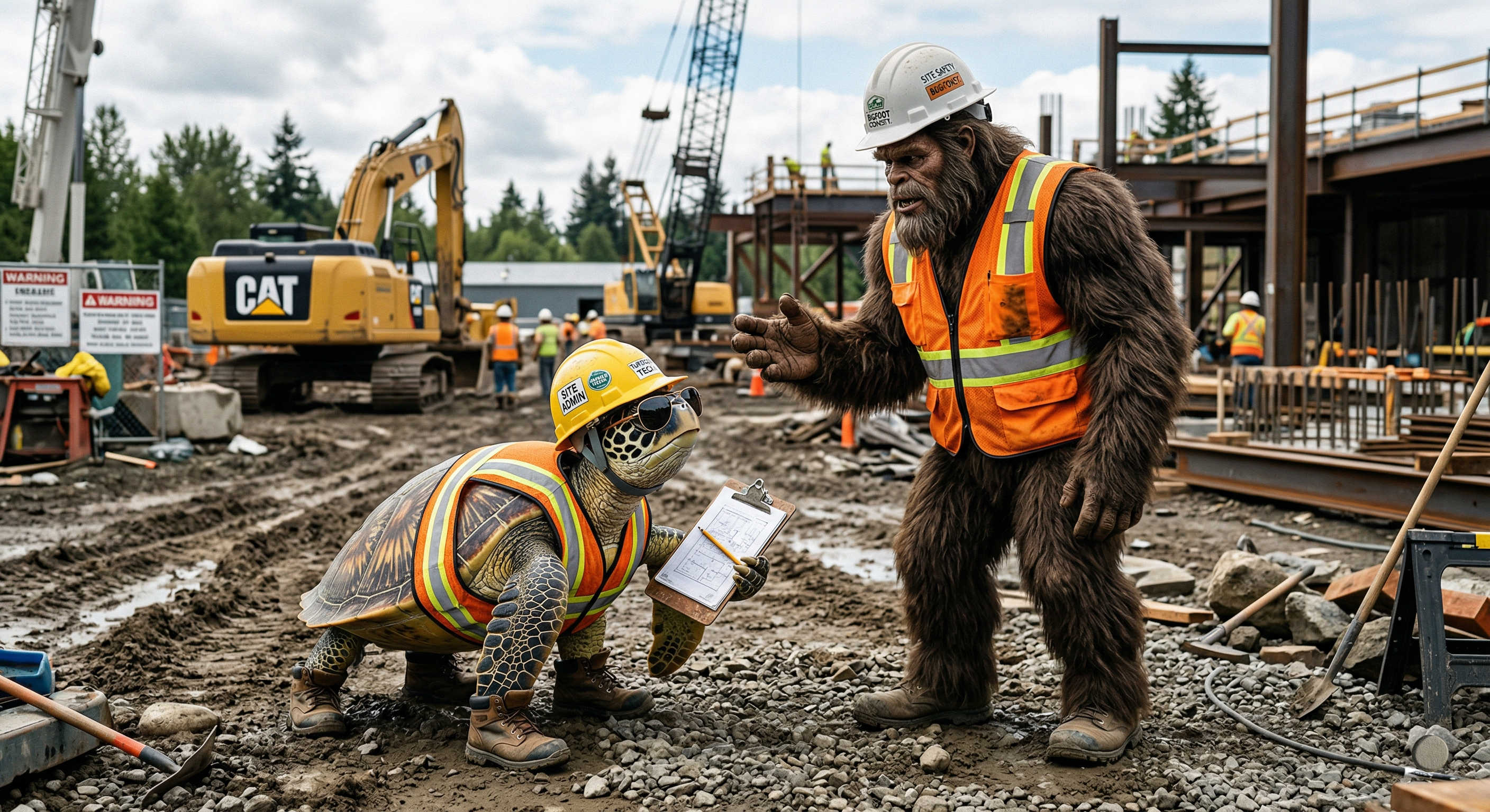 Squatchie and the turtle making upgrades at Turtle Proper-Tease